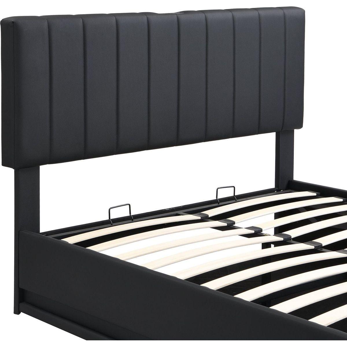Full Size Upholstered Bed with Hydraulic Storage System and LED Light, Modern Platform Bed with Sockets and USB Ports, Black