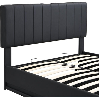 Full Size Upholstered Bed with Hydraulic Storage System and LED Light, Modern Platform Bed with Sockets and USB Ports, Black