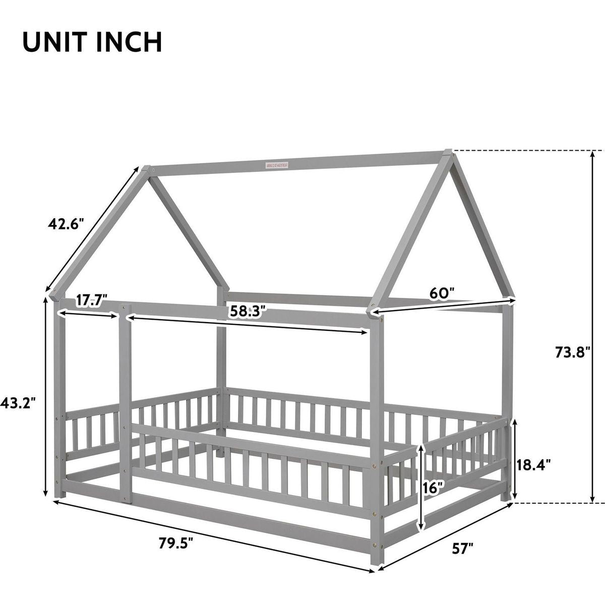 Full Size Floor Wooden Bed with House Roof Frame, Fence Guardrails, Grey