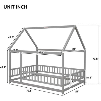 Full Size Floor Wooden Bed with House Roof Frame, Fence Guardrails, Grey