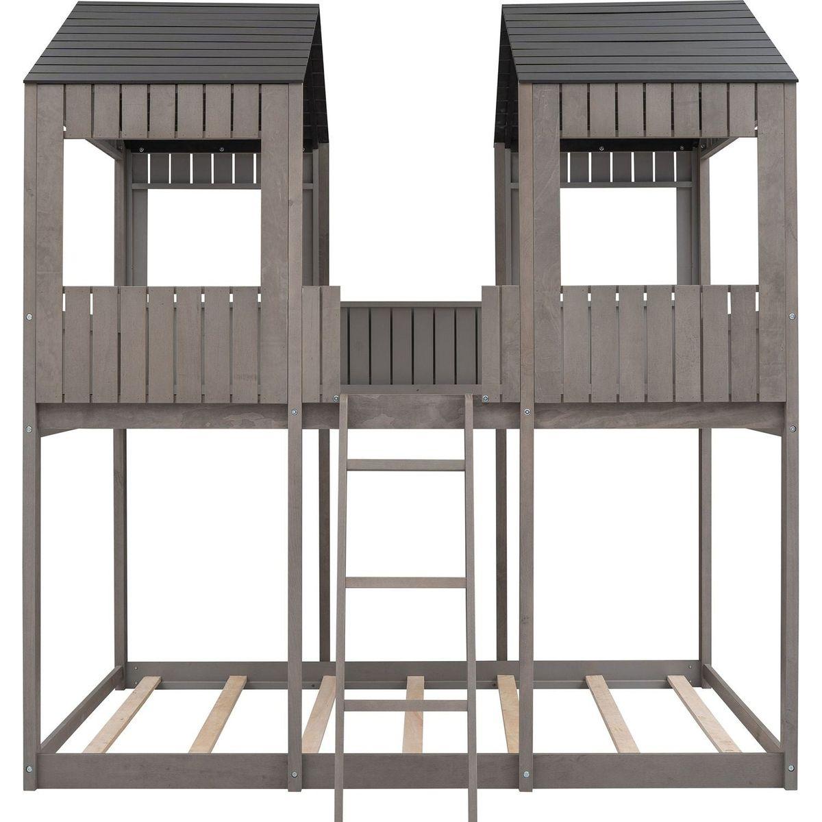 Full Over Full WoodBunk Bed with Roof, Window, Guardrail, Ladder(Antique Gray)