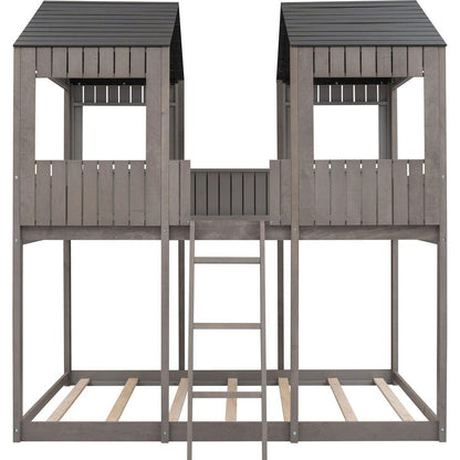 Full Over Full WoodBunk Bed with Roof, Window, Guardrail, Ladder(Antique Gray)