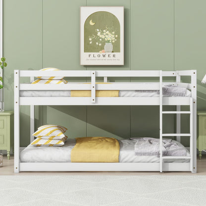 Solid Wooden , Solid Rubber Wooden Twin over Twin Floor Bunk Bed with Ladder ,Upper and Bottom Bed Platforms crafted with Strengthened Slats, White