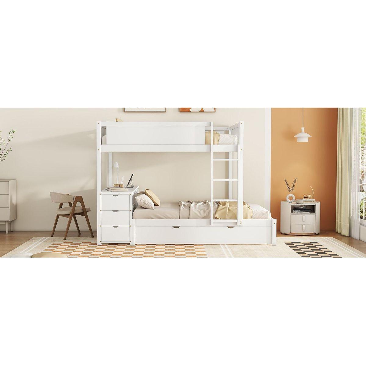 Full-Over-Full Bunk Bed with Twin size Trundle, Storage and Desk, White