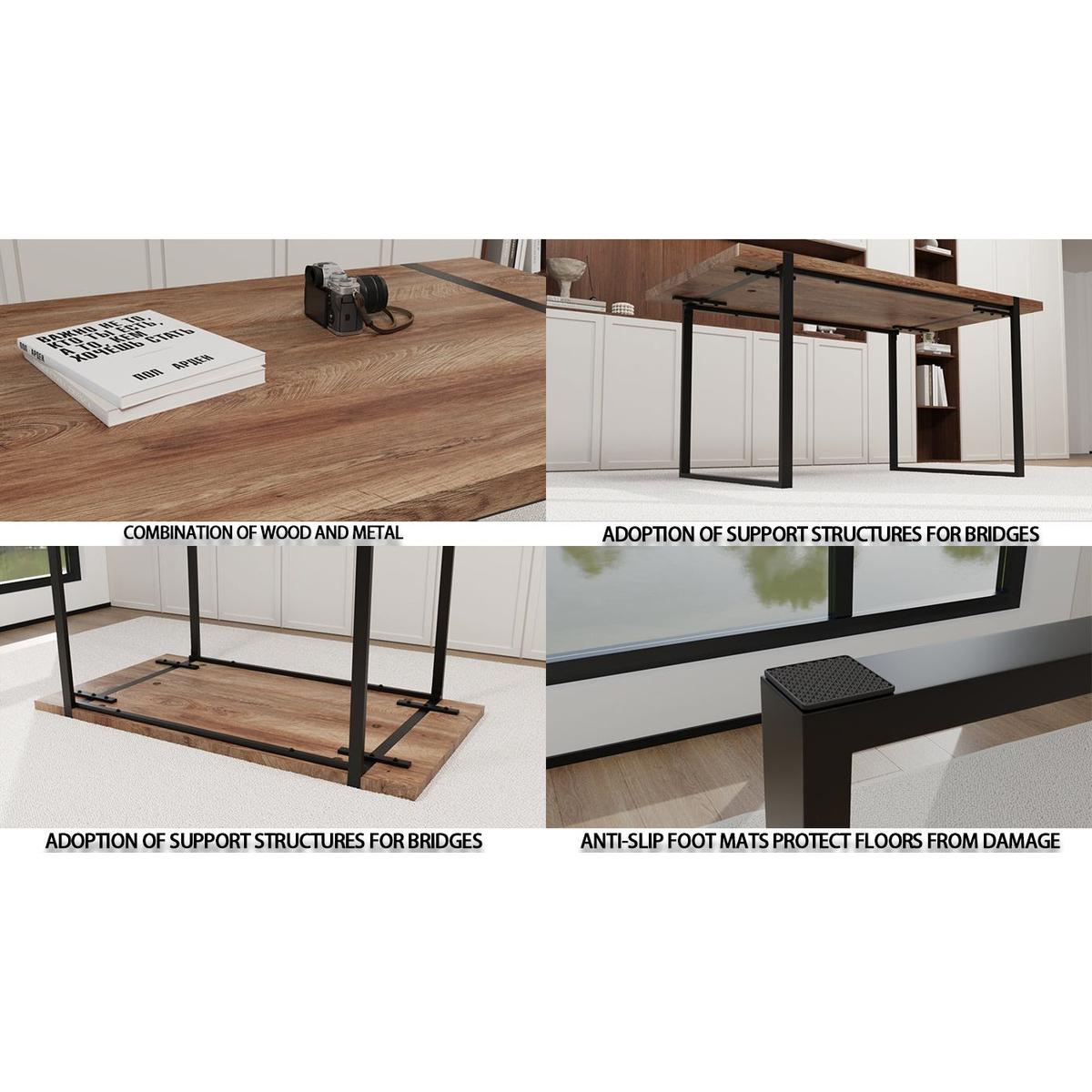 59 "rural industrial rectangular MDF natural wood dining table, 4-6 people, 1.5" thick engineering wood tabletop and black rectangular metal legs, used for writing desks, kitchens, terraces