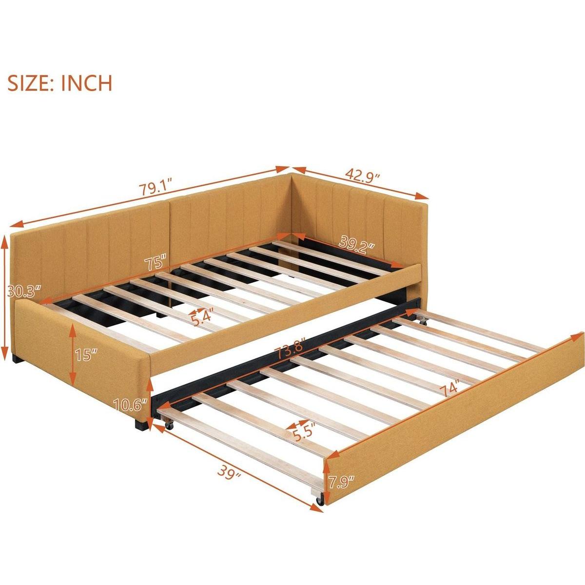 Upholstered Daybed with Trundle Twin Size Sofa Bed Frame No Box Spring Needed, Linen Fabric(Yellow)