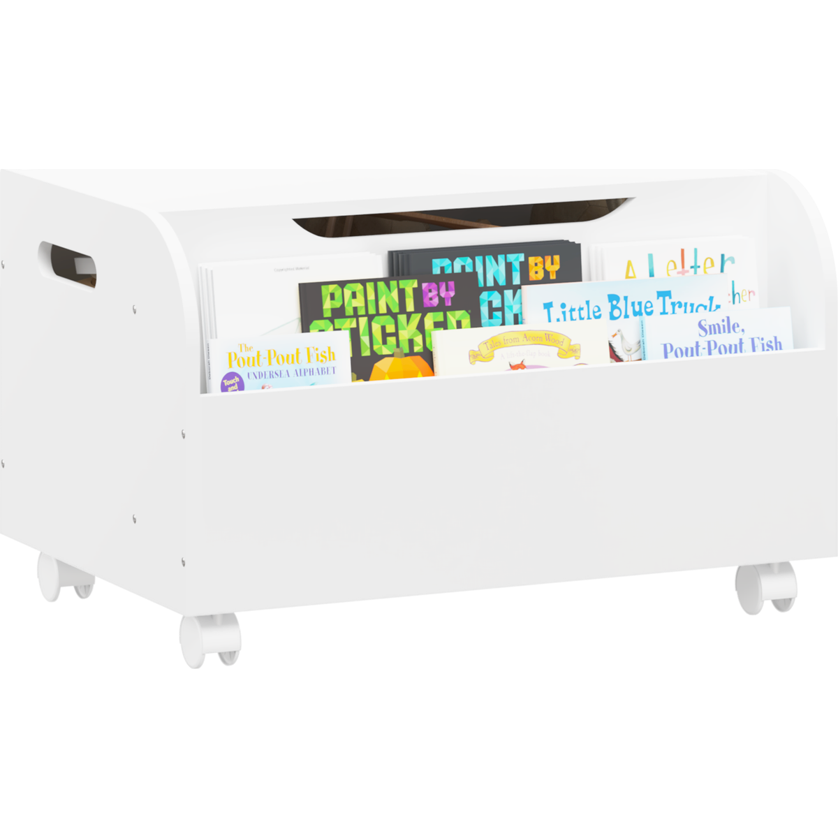 Wooden Toy Box with 4 Universal Wheels, Kids Toy Storage Organizer with Front Bookshelf, Flip-Top Lid, Safety Hinge, Boys Girls Toy Chest Bench for Playroom Kids Room Organization (White)