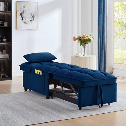 4 in1 Multi-Function Single Sofa Bed with Storage Pockets,Tufted Single Pull-out Sofa Bed with Adjustable Backrest and Pillows, Convertible Chaise Lounge, Navy