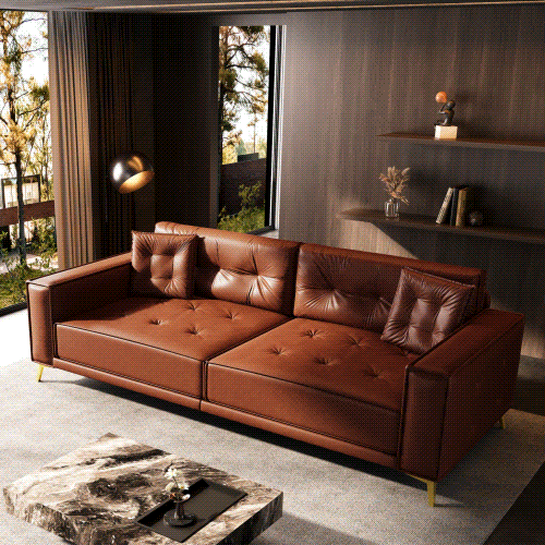 92.1'King Size Pull Out Sofa Bed,3-in-1 Faux Leather Convertible Sleeper Sofa with Ultra Wide Armrests,Tufted Modern Sofa,4-Seater Couch with 2 Pillows for Living Room,Apartment,Office,Light Brown