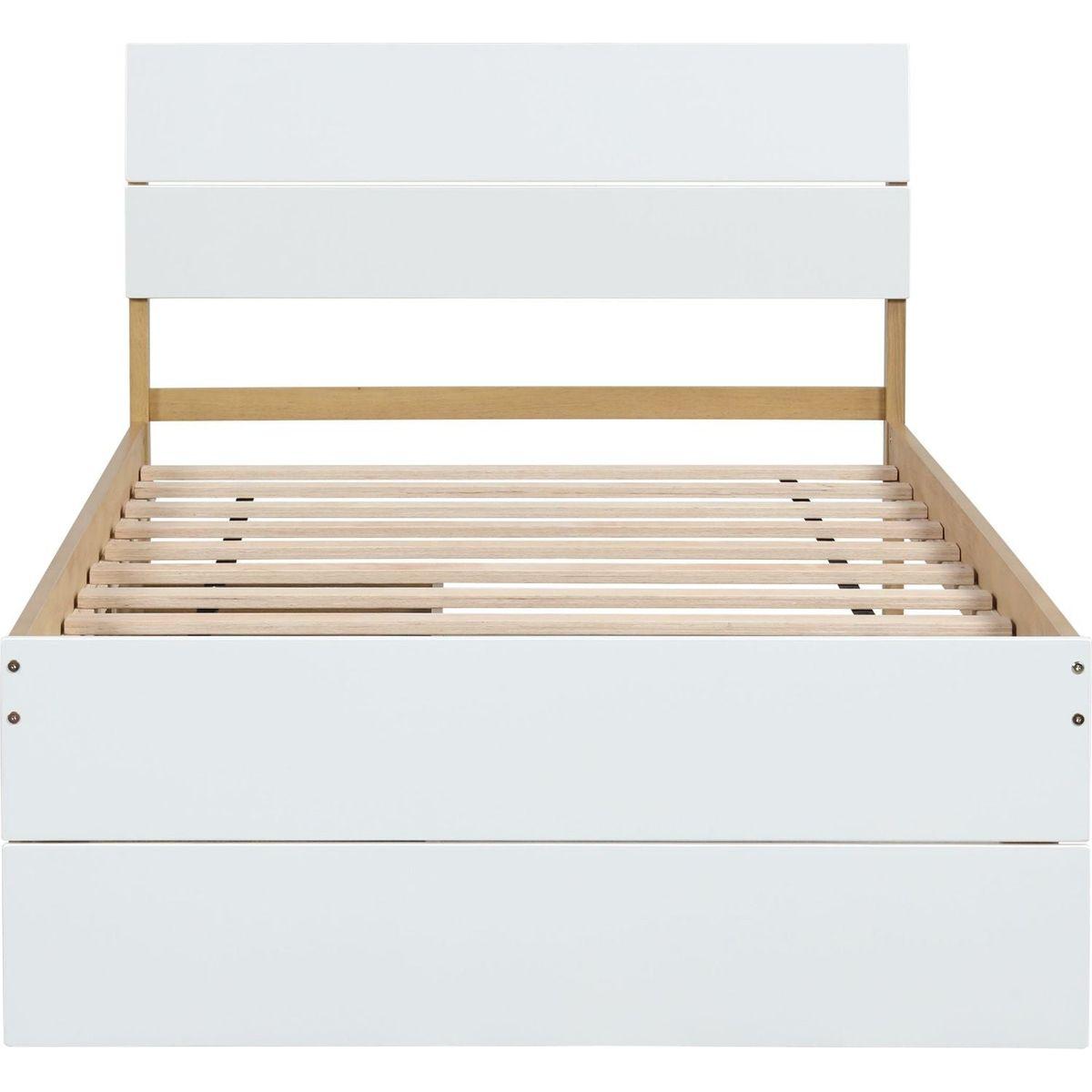 Modern Twin Bed Frame With 2 Drawers For White High Gloss Headboard and Footboard With Light Oak Color