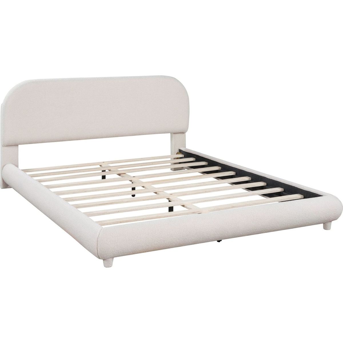 Teddy Fleece Queen Size Upholstered Platform Bed with Thick Fabric, Solid Frame and Stylish Curve-shaped Design, Beige