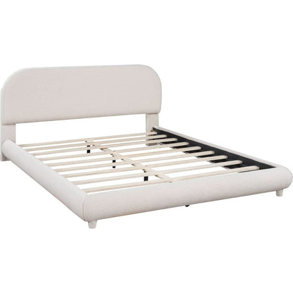 Teddy Fleece Queen Size Upholstered Platform Bed with Thick Fabric, Solid Frame and Stylish Curve-shaped Design, Beige