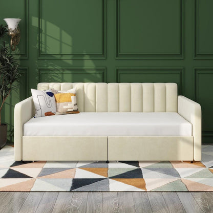 Flora Upholstered Daybed with 2 Drawers, Twin, Ivory Velvet, Ribbed Tufted Backrest, Daybed in Lavish Modern Design
