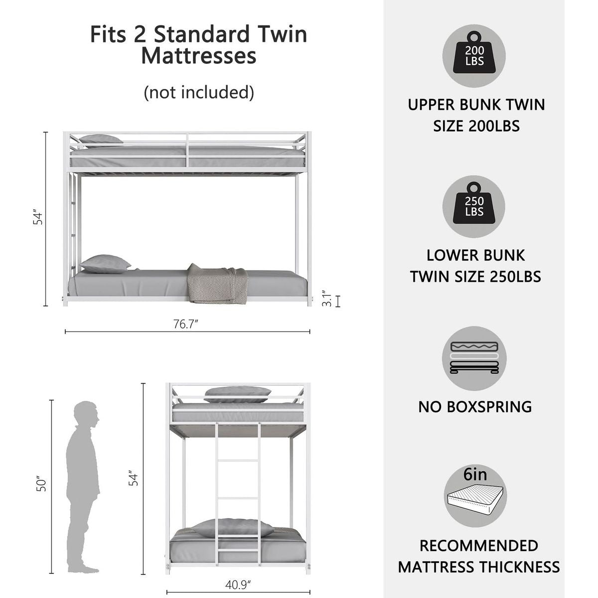 Adam Sturdy Twin over Twin Metal Bunk White for Kids and Adult, Low Profile and Easy Climbing with Stable Ladder