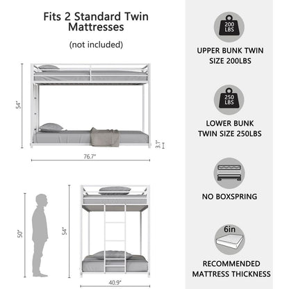 Adam Sturdy Twin over Twin Metal Bunk White for Kids and Adult, Low Profile and Easy Climbing with Stable Ladder