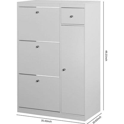 Shoe Cabinet,Freestanding Tipping Bucket Shoe Rack Organizer with 3 Flip Drawers,Entryway Narrow Shoe Storage with Adjustable Storage Shelf,Modern Slim Hidden Shoe Cabinet, White
