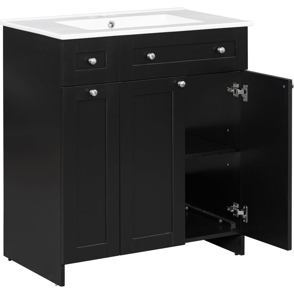 30-Inch Black Bathroom Vanity with Ceramic Sink Combo, Abundant Storage Cabinet - 2 Soft-close Doors and Double-tier Deep Drawer