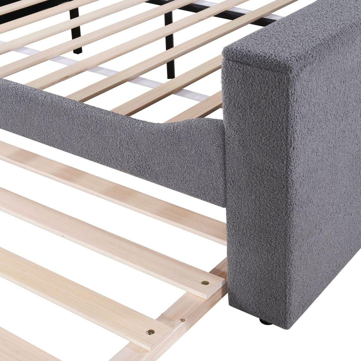 Full Size Upholstered Daybed with Storage Armrests, Trundle and Latest Integrated Bluetooth Audio System, Teddy Fleece, Gray