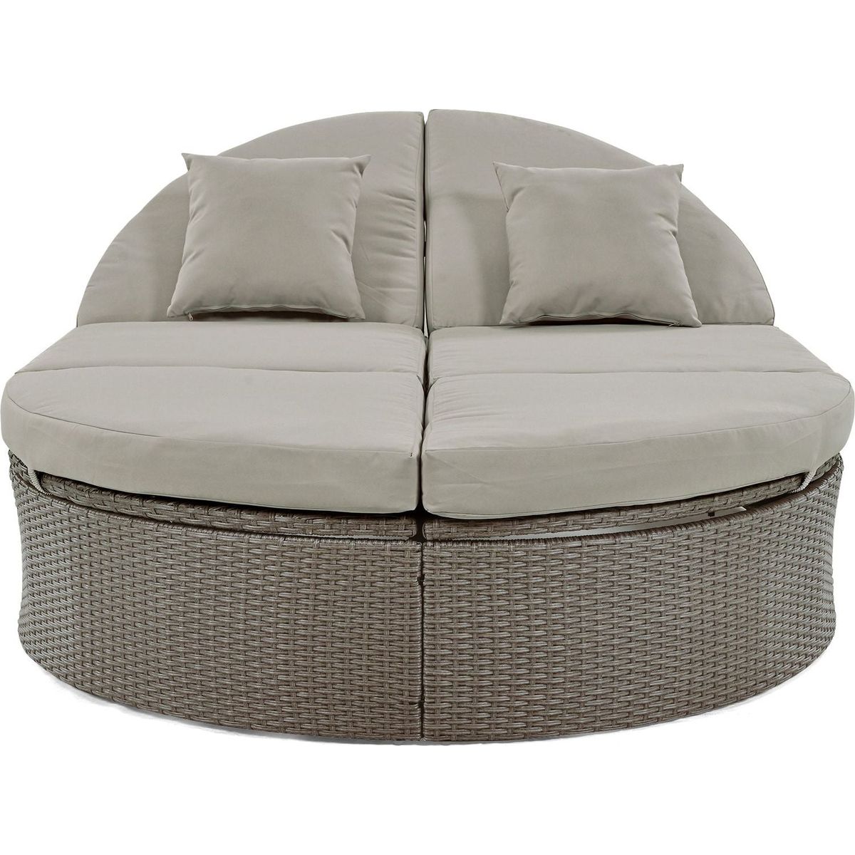 Outdoor Sun Bed Patio 2-Person Daybed with Cushions and Pillows, Rattan Garden Reclining Chaise Lounge with Adjustable Backrests and Foldable Cup Trays for Lawn,Poolside, Gray