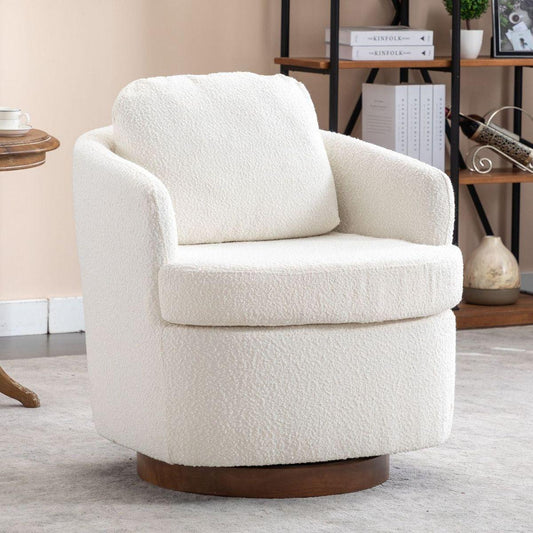 Boucle Fabric Swivel Accent Chair With Soild Wood Round Brown Base Leg,Ivory