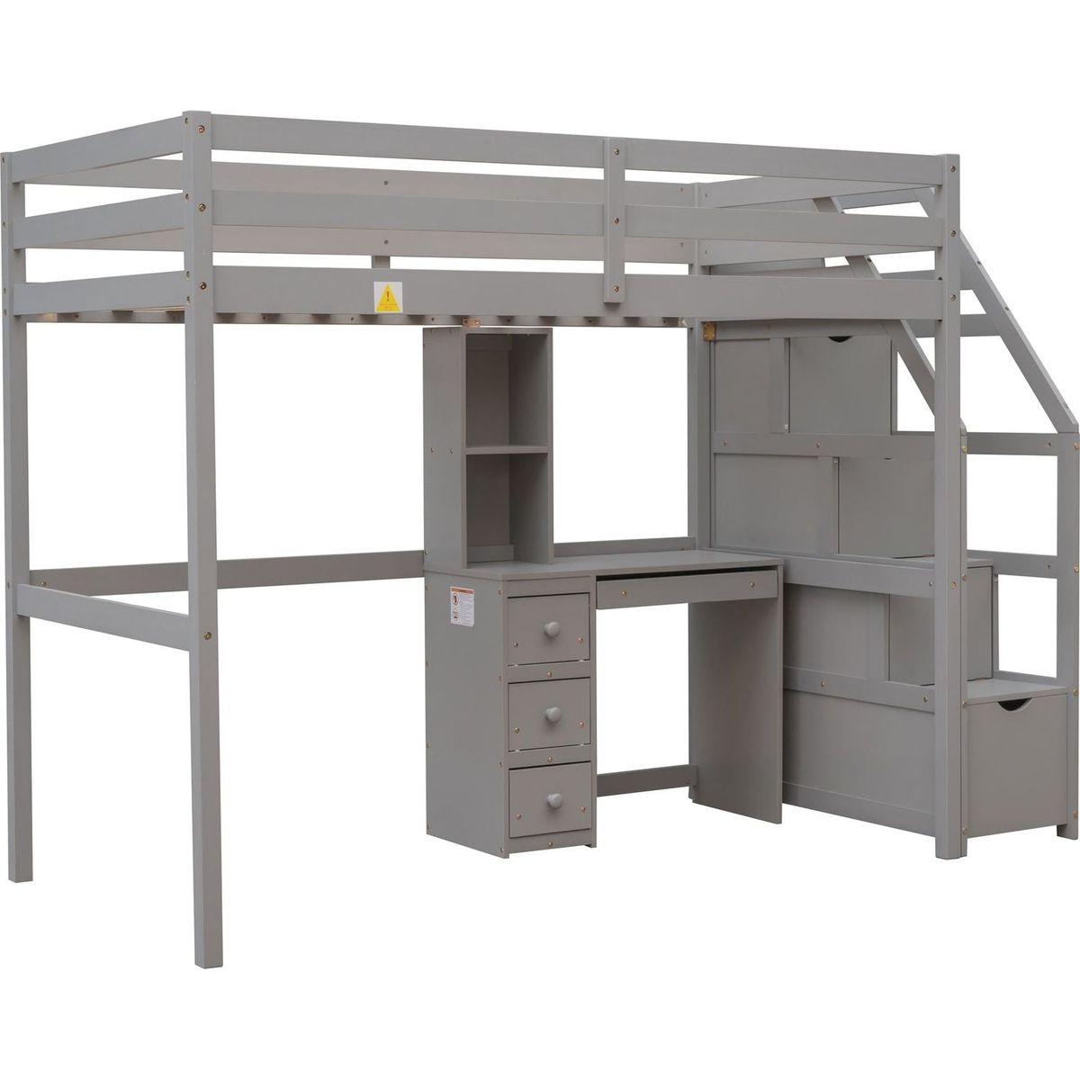 Twin Size Loft Bed with a Stand-alone Bed, Storage Staircase, Desk, Shelves and Drawers, Gray