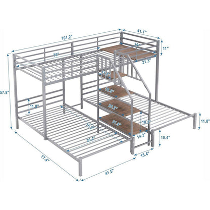 Metal Twin over Twin & Twin Bunk Bed, Triple Bunk Bed with Storage Shelves Staircase, Silver