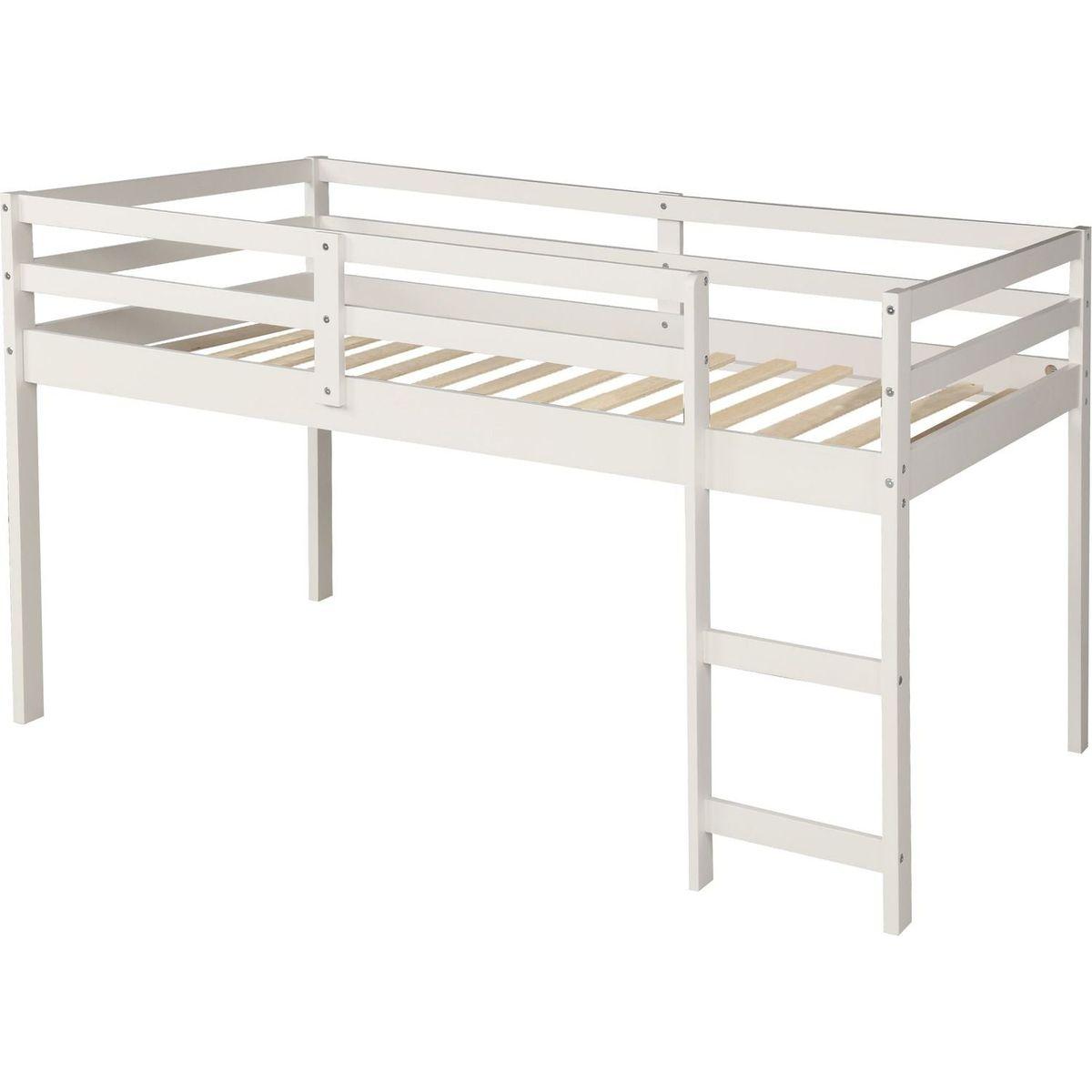 Low Study Twin Loft Bed with Cabinet and Rolling Portable Desk - White
