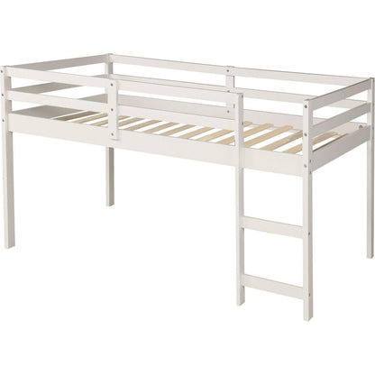 Low Study Twin Loft Bed with Cabinet and Rolling Portable Desk - White