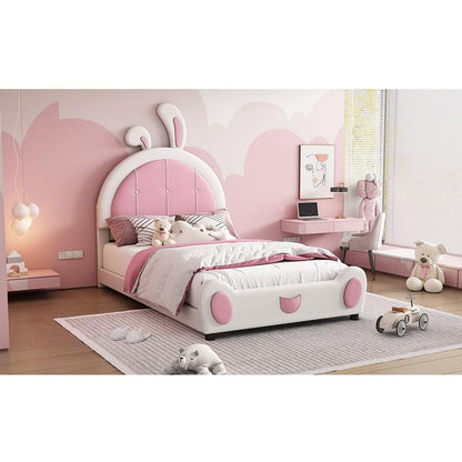 Twin Size Upholstered Platform Bed with Rabbit Shaped Headboard, White