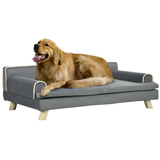 Soft Foam Large Dog Couch for a Fancy Dog Bed, Spongy Dog Sofa Bed with Washable Cover, Wooden Legs, Elevated Dog Bed, Gray