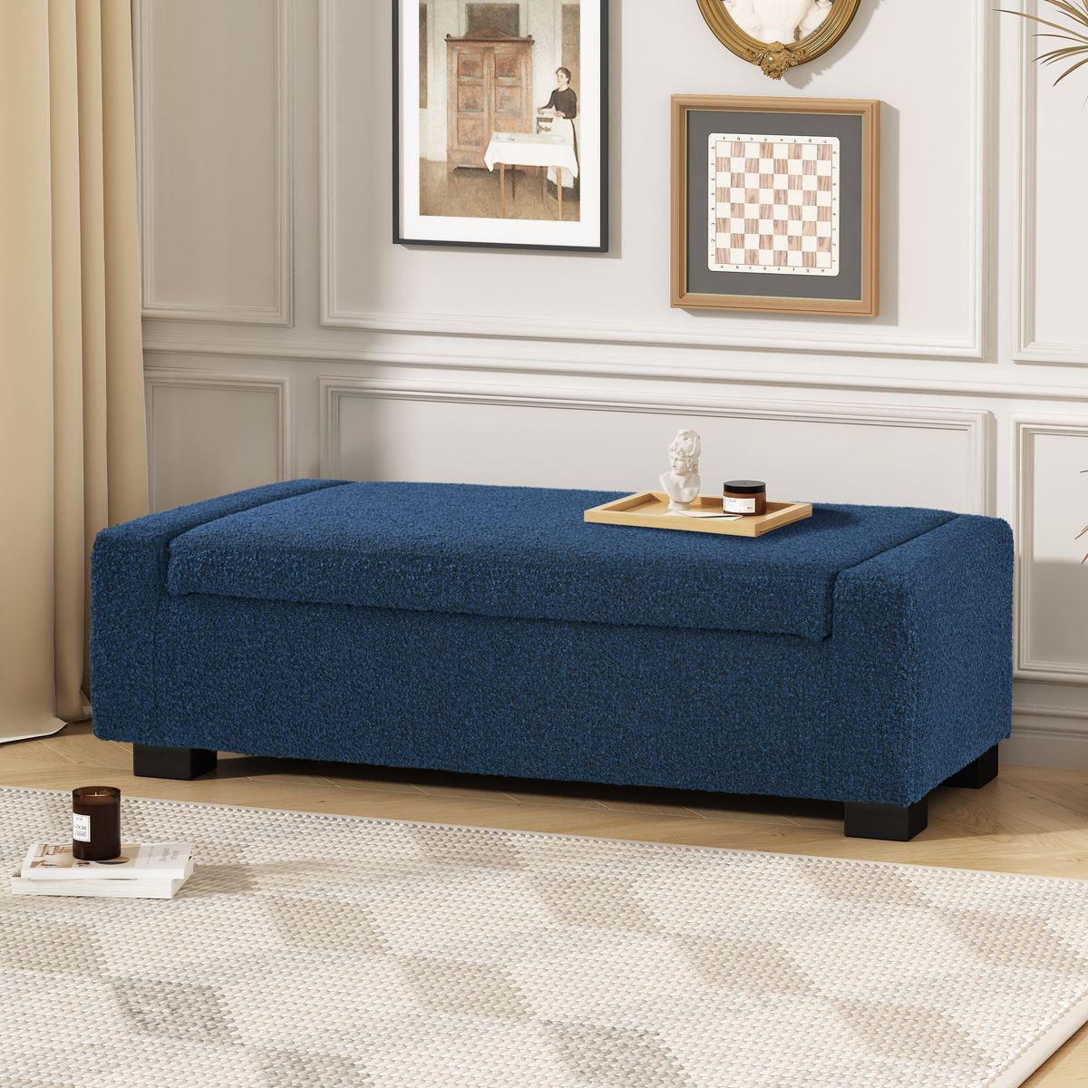 50' Ottoman Bench in Textured Fabric, Rectangular Design with Hinged Lid for Seating, Footrest, and Hidden Storage, Perfect for Living Room, Bedroom, or Entryway