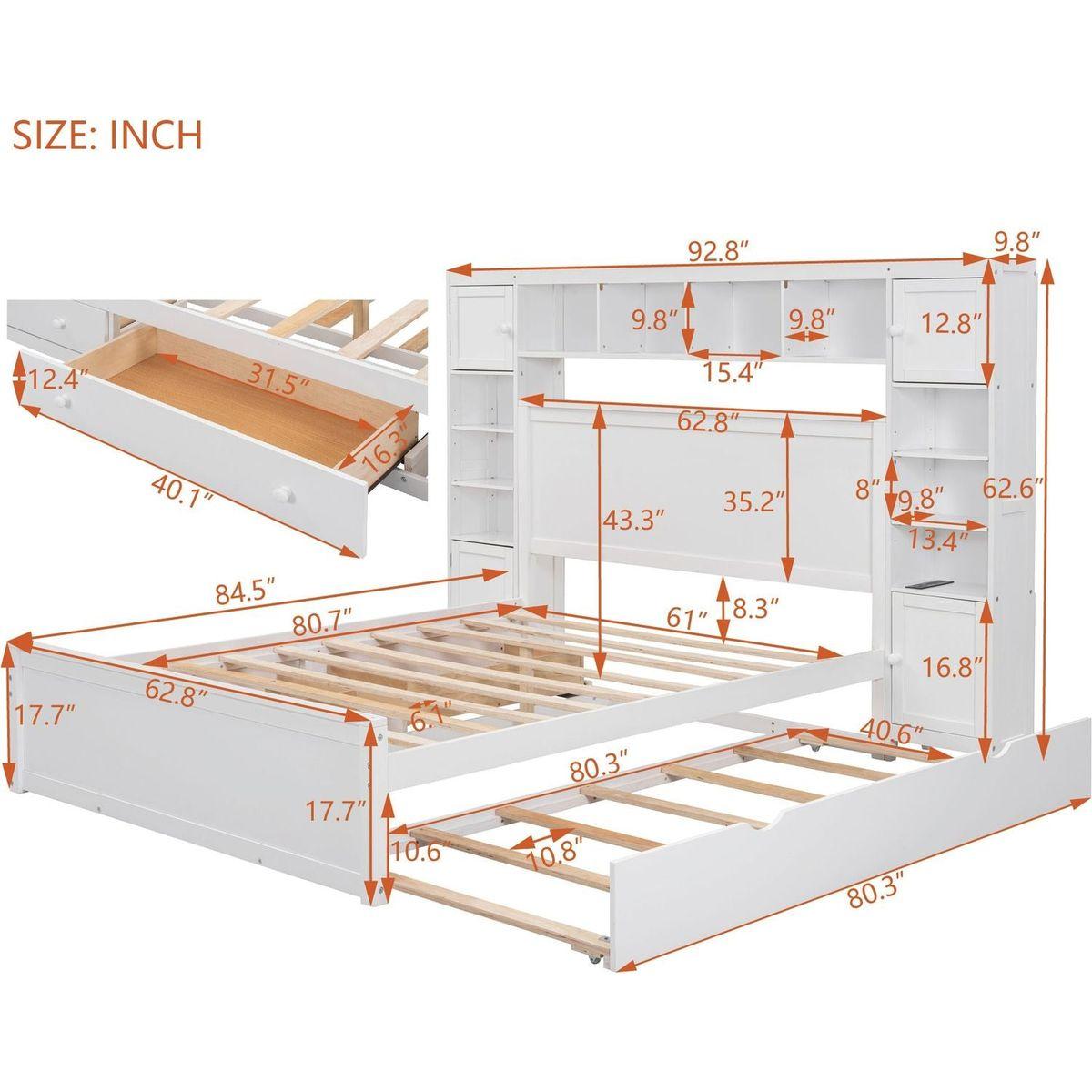 Queen Size Wooden Bed With All-in-One Cabinet, Shelf and Sockets, White