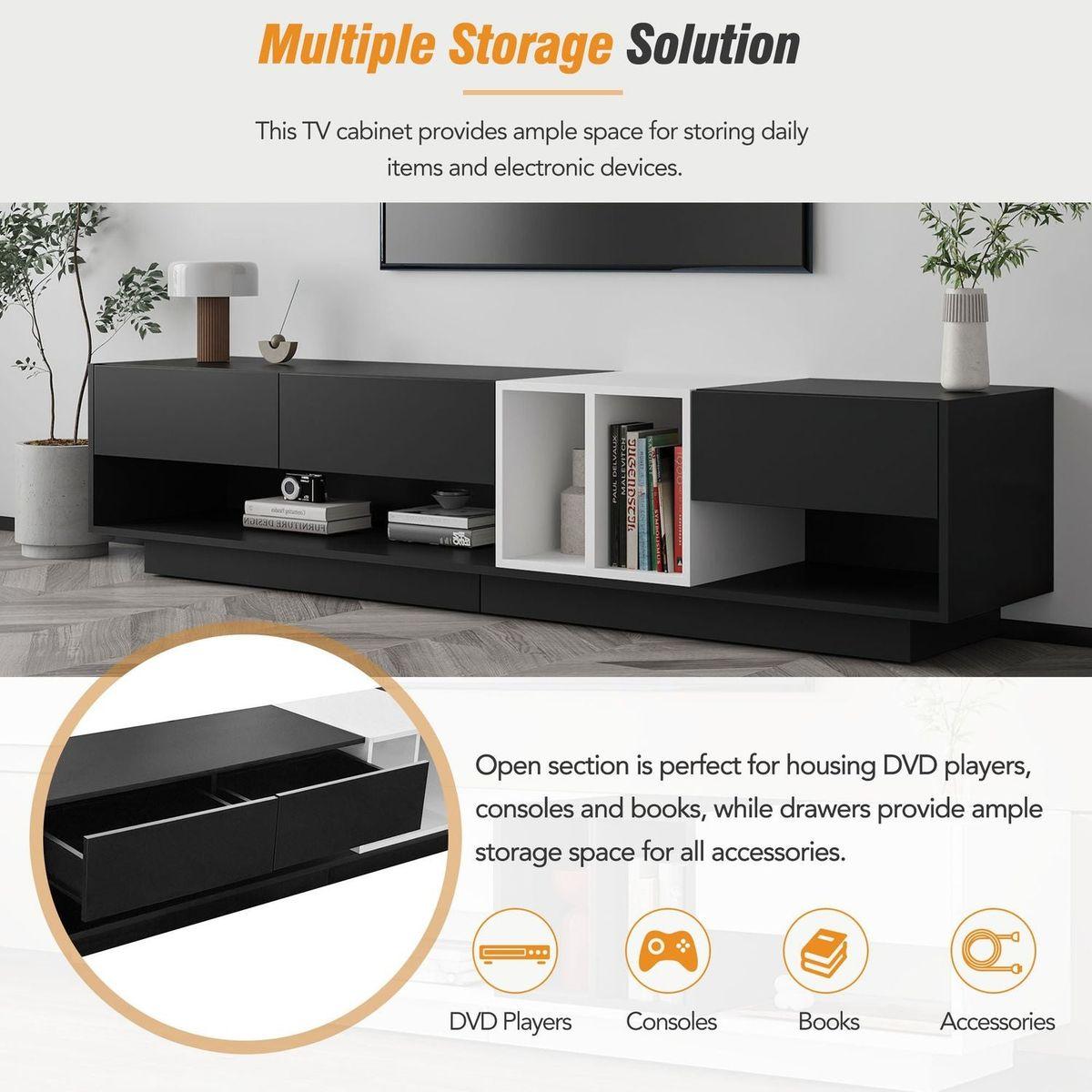 Sleek and Stylish TV Stand with Perfect Storage Solution, Two-tone Media Console for TVs Up to 80", Functional TV Cabinet with Versatile Compartment for Living Room, Black