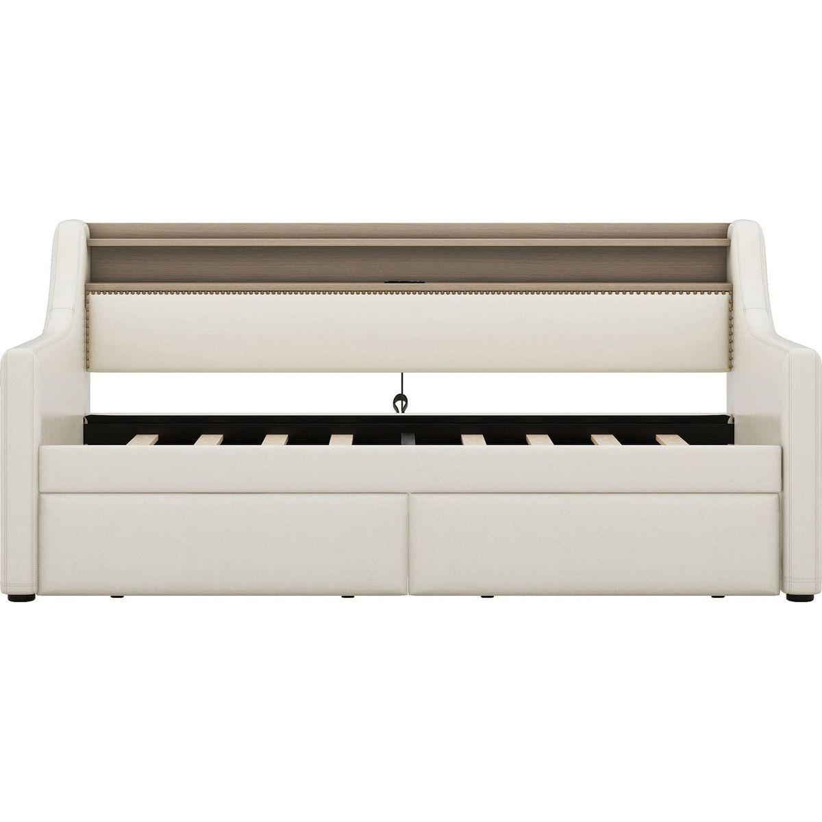Twin Size Daybed with Storage Drawers, Upholstered Daybed with Charging Station and LED Lights, Beige