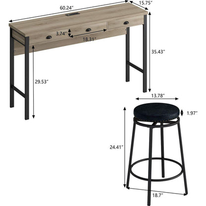 3-Drawer Long Dining Table Set with Power Outlets, Bar Kitchen Table Set with Circular PU Stools, Easy Assemble, Brown Gray Table+Black Stool