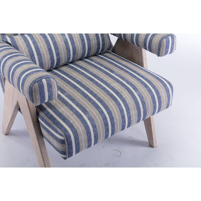 Accent chair, KD rubber wood legs with black finish. Fabric cover the seat. With a cushion.Blue Stripe