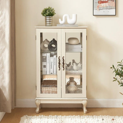 2 Doors Curio Cabinet with Tempered Glass Doors, Curio Cabinets with Mirrored Back Panel and Adjustable Shelves, Lighted Display Cabinet for Home, Office Light Bulb Included White