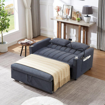 55.9" Convertible Sofa Bed Loveseat Sofa with Three USB Ports, Two Side Pockets, Two Cup Holders and 360Swivel Phone Holder for Living Room, Blue Grey
