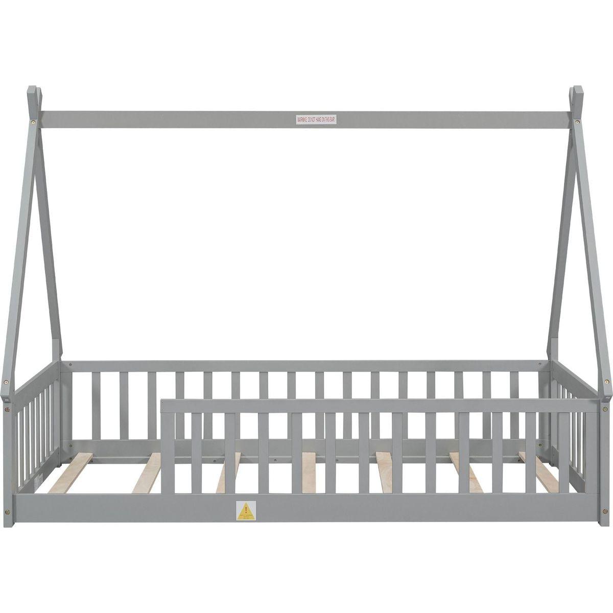 Twin Tent-shaped Floor Bed, Teepee Bed with Guardrails, Slats,Grey