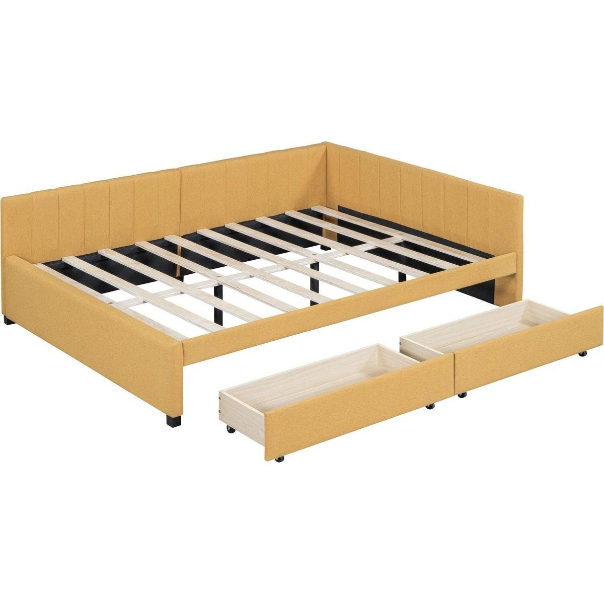 Full Size Upholstered Daybed with 2 Storage Drawers Sofa Bed Frame No Box Spring Needed, Linen Fabric (Yellow)