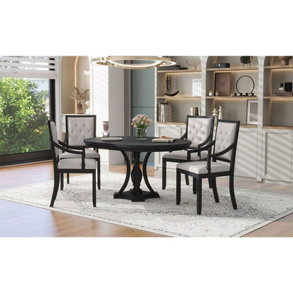 Retro 5-piece Dining Set Extendable Round Table and 4 Chairs for Kitchen Dining Room (BLACK OAK)