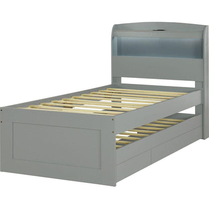 Twin XL Size Platform Bed with Storage LED Headboard, Charging Station, Twin Size Trundle and 2 Drawers, Gray