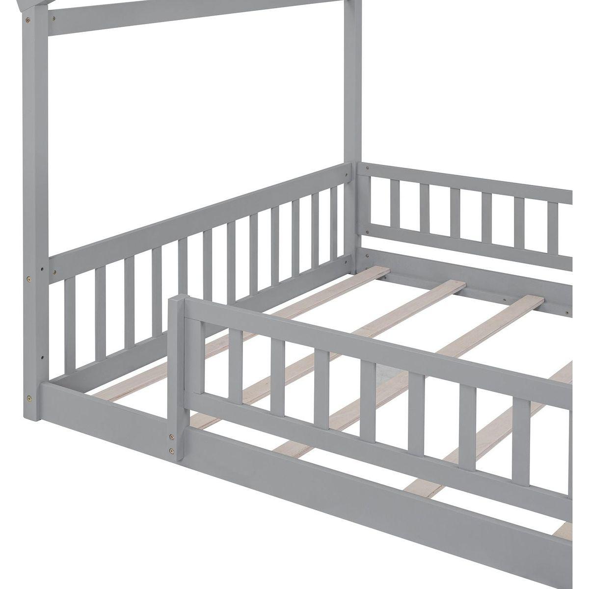 Full Size Wood Bed House Bed Frame with Fence, for Kids, Teens, Girls, Boys,Gray