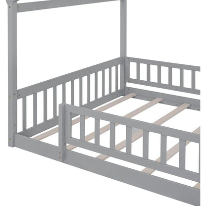 Full Size Wood Bed House Bed Frame with Fence, for Kids, Teens, Girls, Boys,Gray