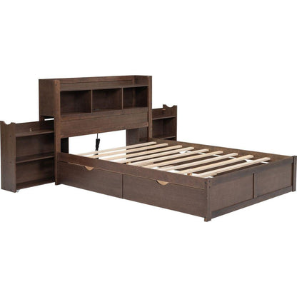 Full Size Storage Platform Bed with Pull Out Shelves, Twin Size Trundle and 2 Drawers, Espresso