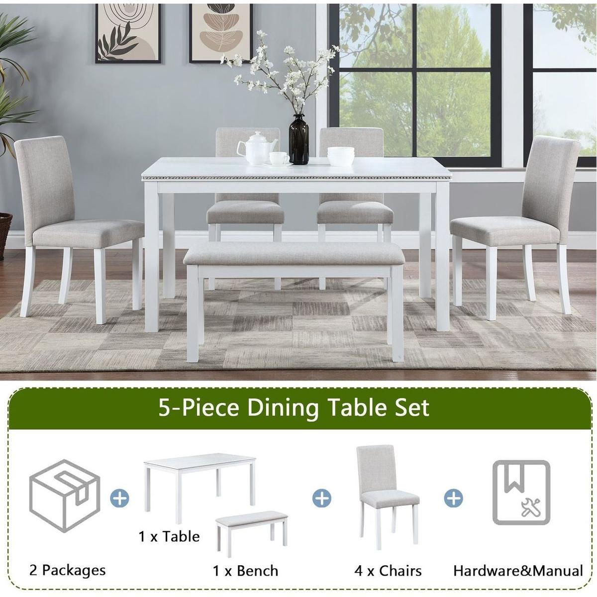 Wooden Dining Rectangular Table with Bench, Kitchen Table with Bench for Small Space, 6 Person Dining Table, White