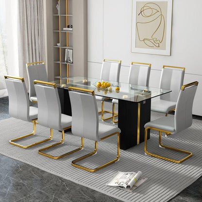 Table and chair set, large modern minimalist rectangular glass table, can accommodate 6-8 people, equipped with tempered glass tabletop and large MDF table legs, comfortable and minimalist chairs.