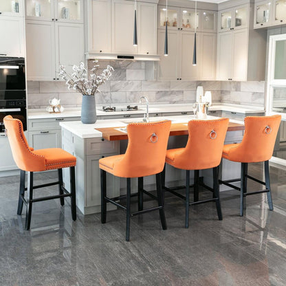 Contemporary Velvet Upholstered Barstools with Button Tufted Decoration and Wooden Legs, and Chrome Nailhead Trim, Leisure Style Bar Chairs,Bar stools, Set of 2 (Orange)