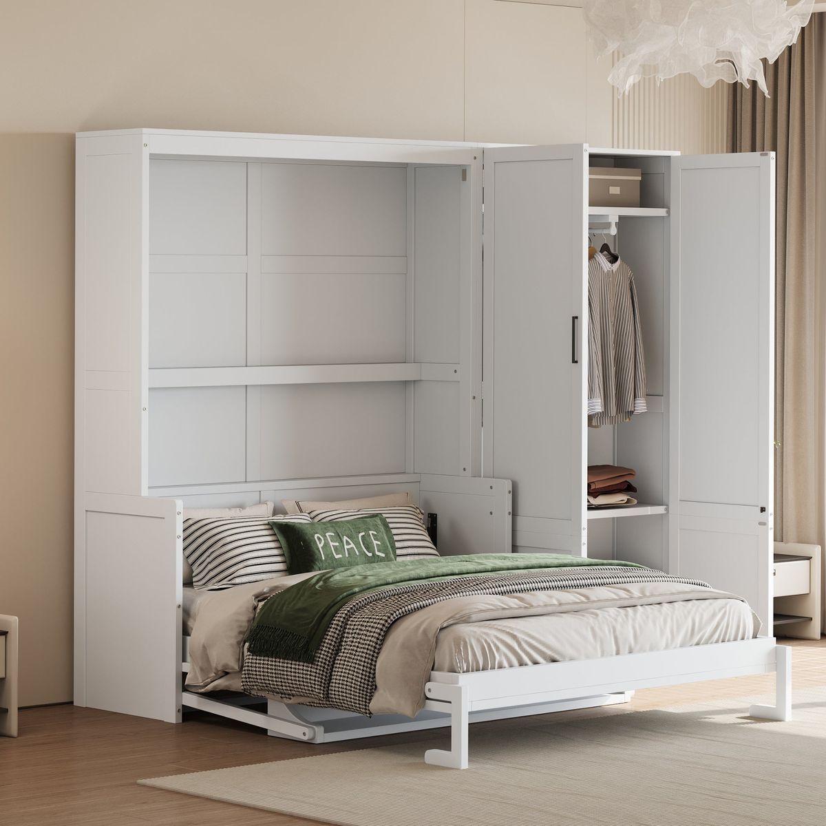 Queen Size Murphy Bed Wall Bed with Closet,White