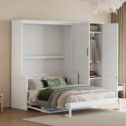 Queen Size Murphy Bed Wall Bed with Closet,White